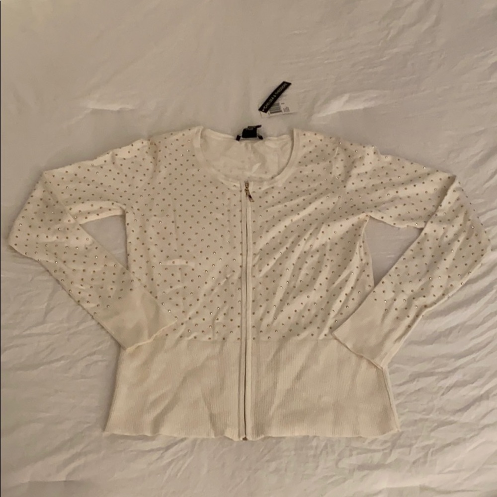 Ivory Zip-Up Cardigan With Gold Rhinestones